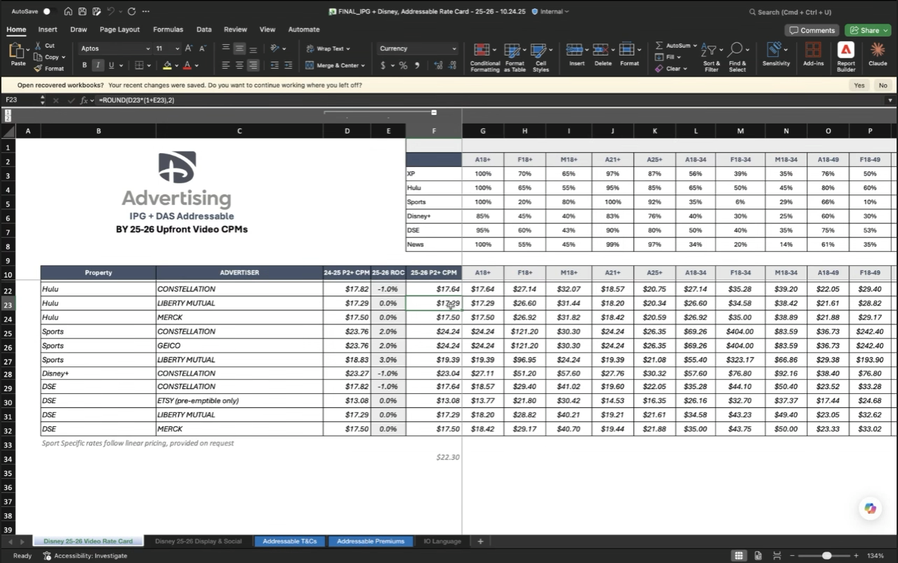 Current rate card in a human-authored Excel workbook.